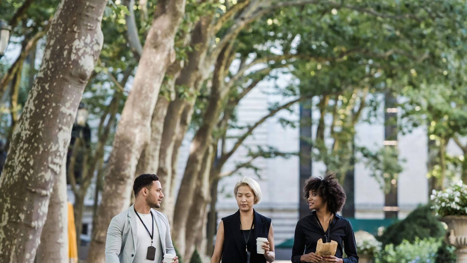 coworkers walking outside on a lunch break